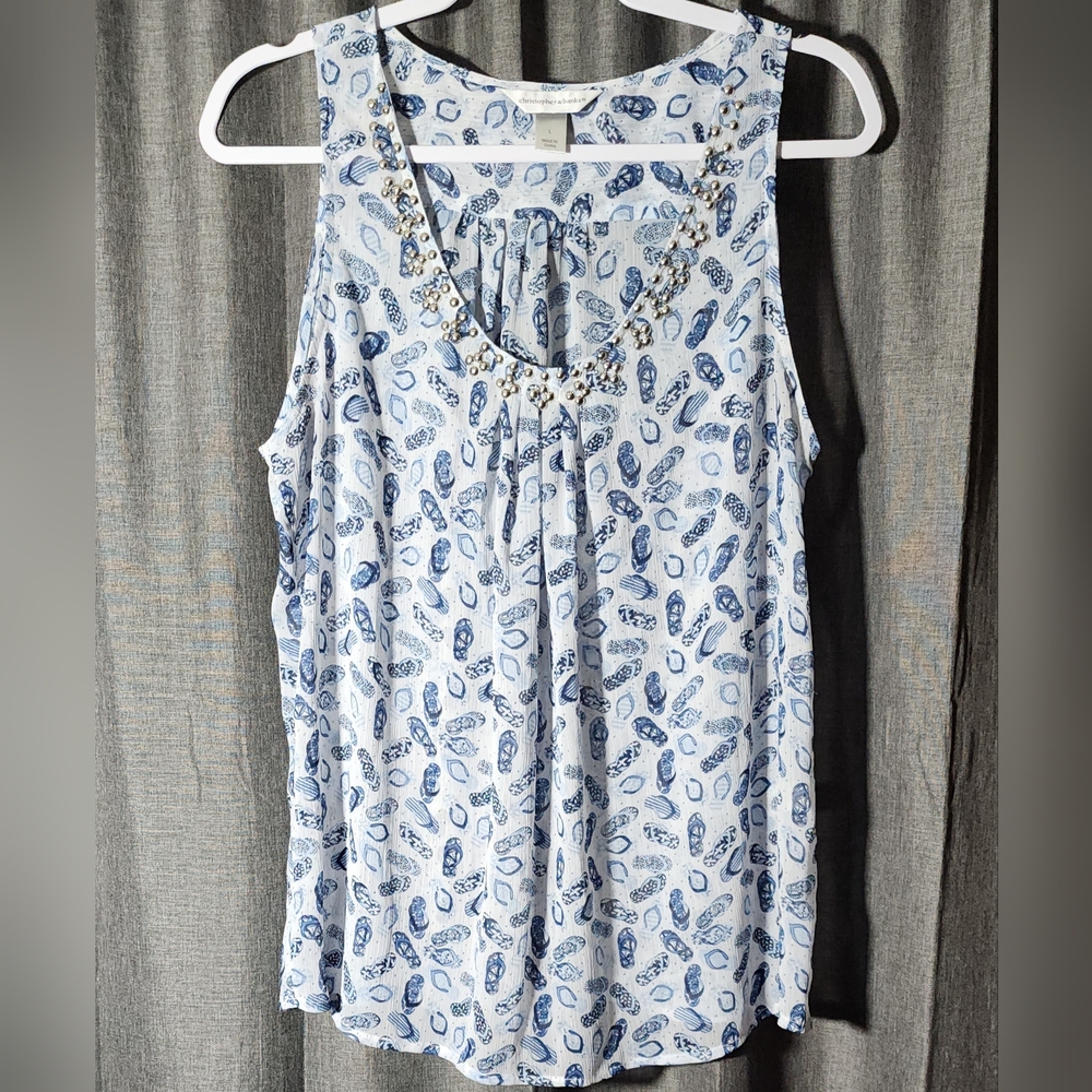 Christopher & Banks Blue and White Flip Flop Print Tank with Silver Studs Size L